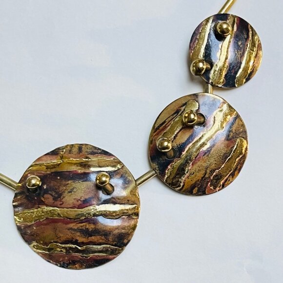 Vintage Artisan Abstract Brutalist Necklace Modernist Round Gold Tone Statement - Picture 2 of 6